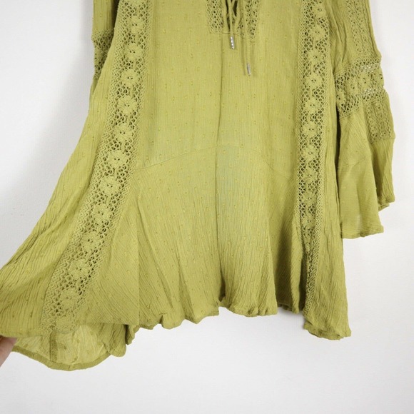 Free People XS Gauze Lace Lattice Neck Tunic Chartreuse Babydoll Bell Sleeve - Picture 5 of 11
